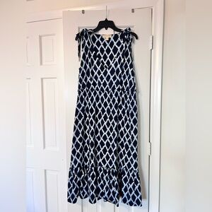 Michael Kors Navy and White Geometric Tie-Shoulder Midi Dress